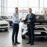 Покупатель торгуется с продавцом в автосалоне при покупке подержанного автомобиля
