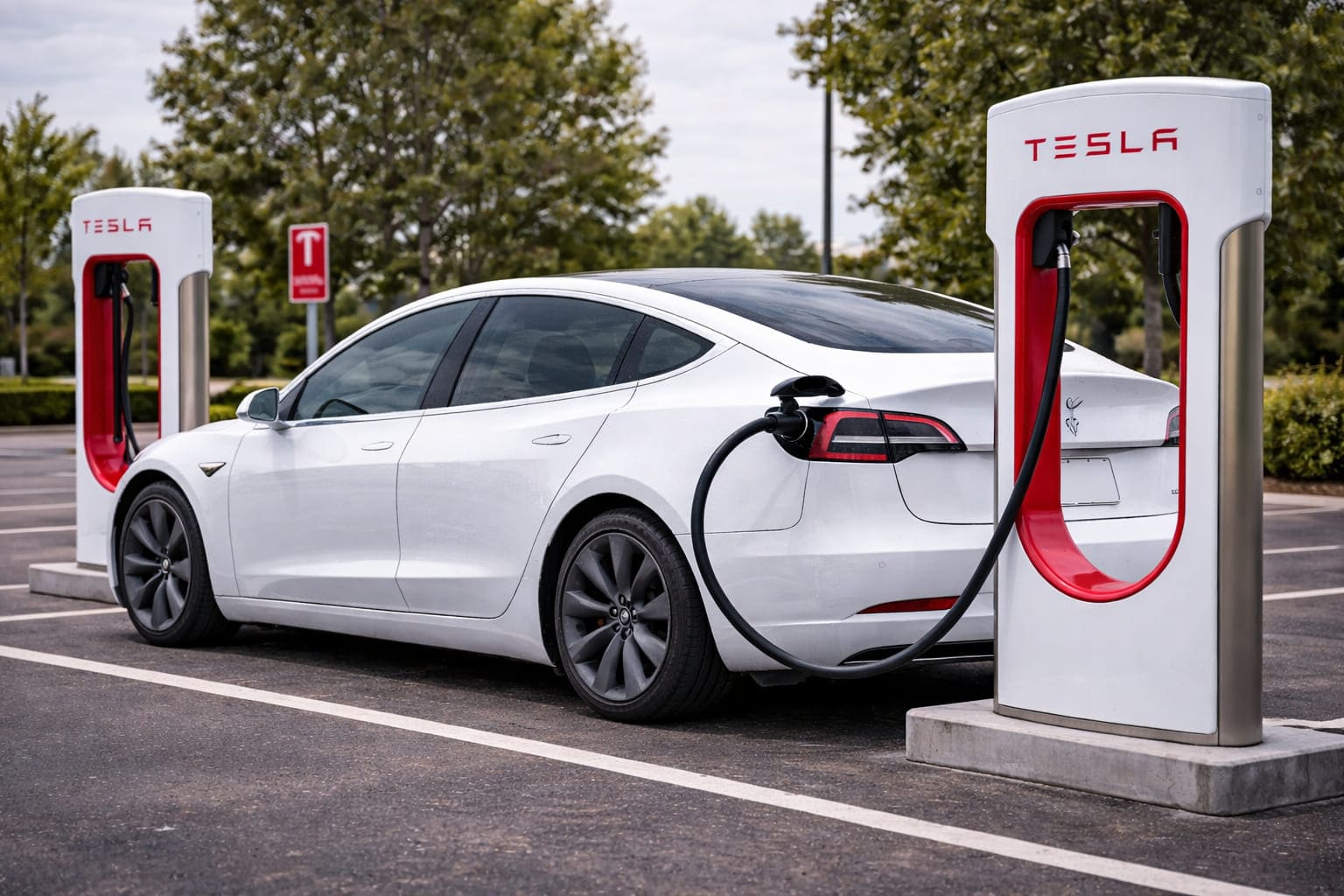 Зарядка электромобиля Tesla на станции Supercharger