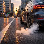 дым из выхлопной трубы автомобиля на прогретом двигателе в городе